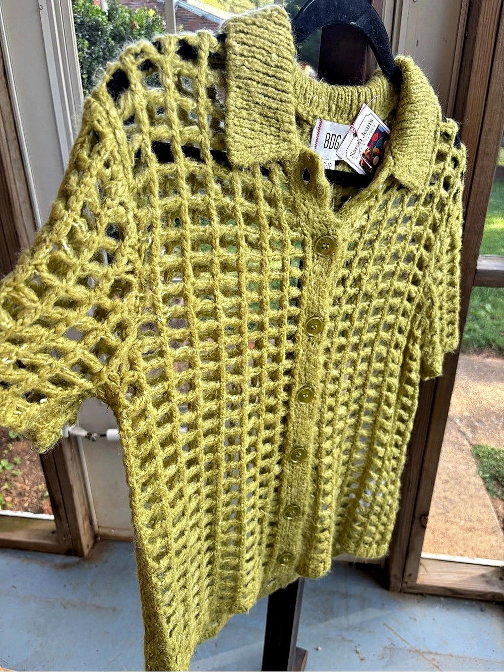 BDG Open Knit Button Front Cardigan Green XS NWT